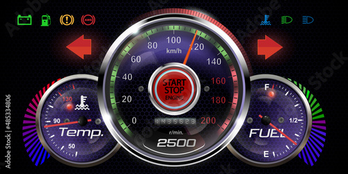 Vector illustration of a realistic dashboard. The concept of speed. Car display with operation indicators.