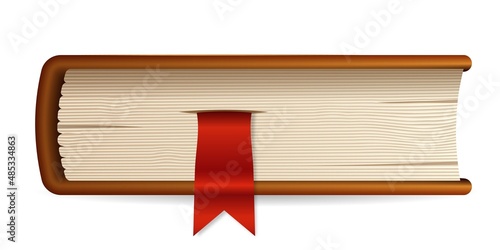 Closed book with bookmark. Side view literary volume with brown binding and peeking out red vector ribbon.