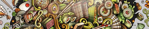 Japanese food hand drawn doodle banner. Cartoon detailed flyer.