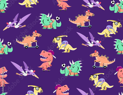CUTE DINOSAURS IN DIFFERENT OUTFITS FLAT SEAMLESS PATTERN. PREMIUM VECTOR.