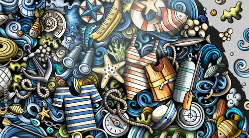 Marine hand drawn doodle banner. Cartoon vector detailed flyer.