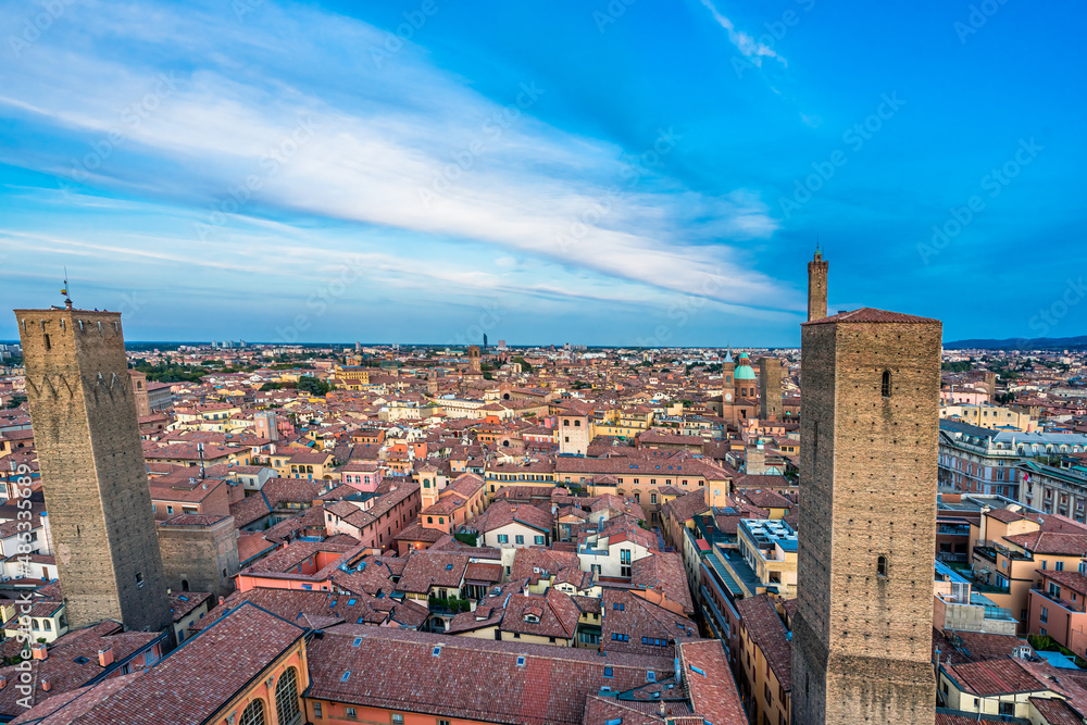 Aerial view of Bologna Cathedral and towers above of the roofs of Old Town in medieval city Bologna