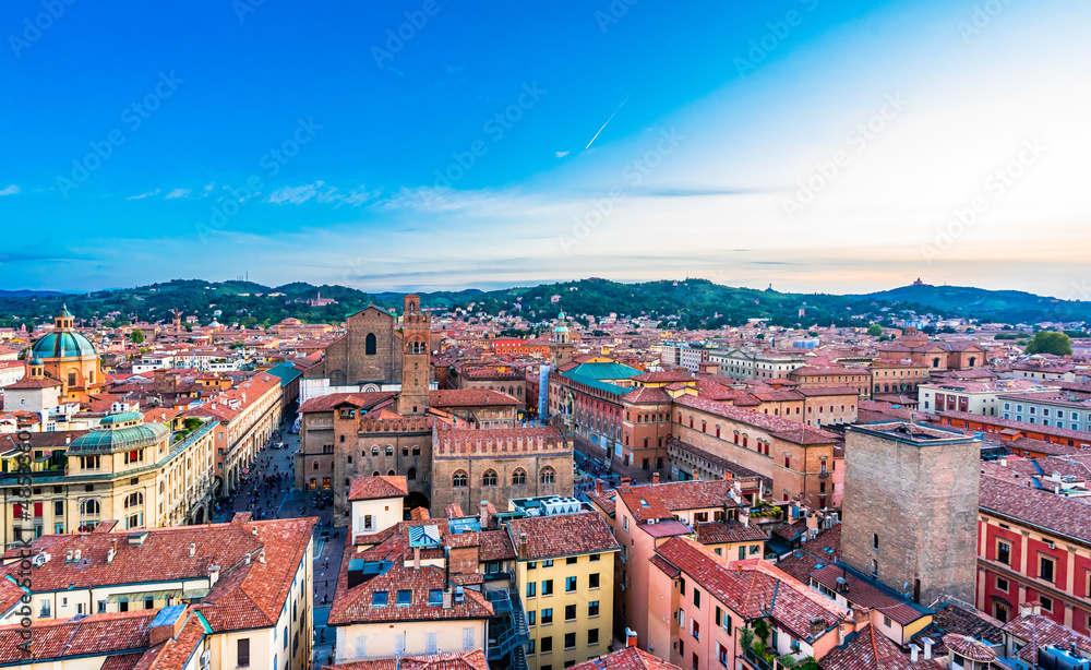 Aerial view of Bologna Cathedral and towers above of the roofs of Old Town in medieval city Bologna