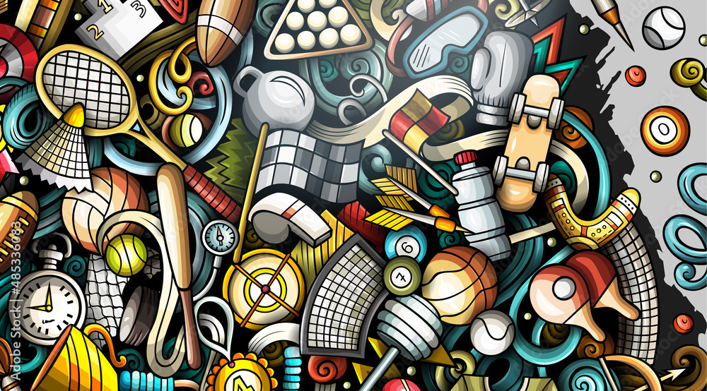 Obraz premium Sports hand drawn doodle banner. Cartoon detailed flyer.