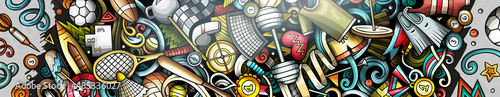Sports hand drawn doodle banner. Cartoon detailed flyer.