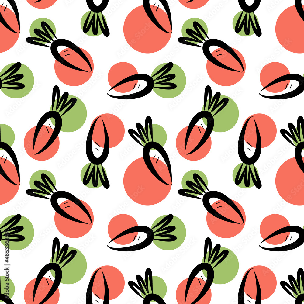 Vector illustration of seamless background of orange and green carrots on beige surface Vector illustration of seamless background of orange and green carrots on beige surface