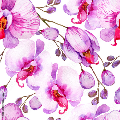 Watercolor floral seamless pattern. Hand drawn orchid blossom, blooming, tropical botanical background. Repeatable wrapping paper, stationery, wallpaper, scrapbooking, fabric, paper, textile