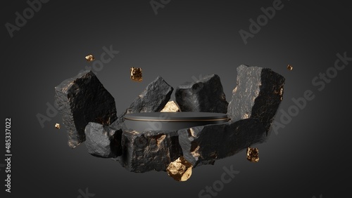 3d render, abstract background with black rock cobblestone ruins and golden nuggets levitating. Modern minimal showcase with empty podium for product presentation