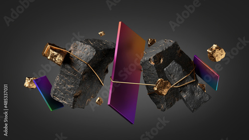 3d render, abstract black background. Modern unusual wallpaper with levitating rocks, ruins, golden nuggets and iridescent metallic geometric shapes