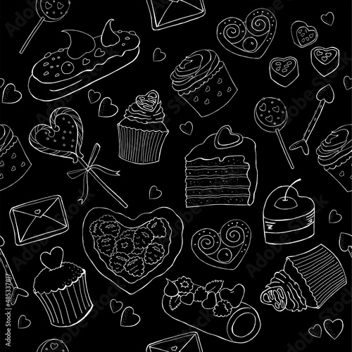 Seamless pattern with pastry scetch. St. Valentine's Day print on black background. Outline vector Valentine's Day design for textile, wrapping paper, wallpaper.