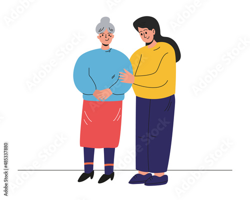 A daughter with an elderly mother or grandmother. Portrait of an incomplete family. Vector illustration