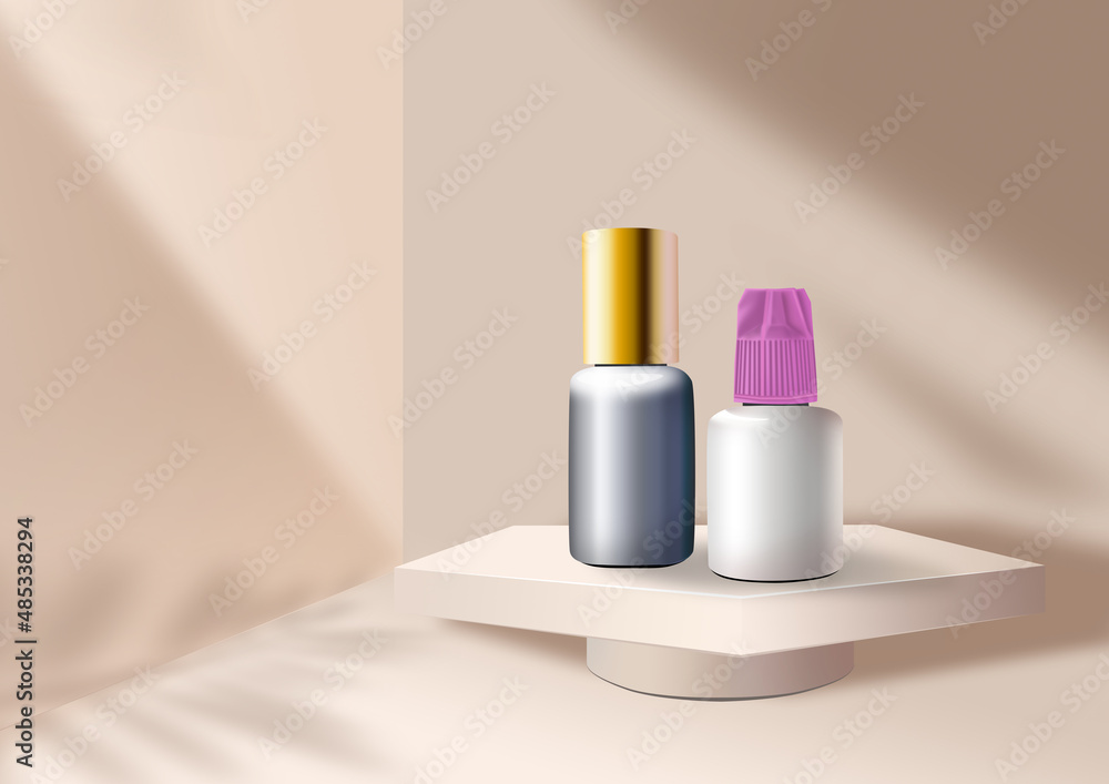 Beauty mockup. Bottle of glue. Exhibition podium. 3D rendering. 3D illustration on Beige background Beauty mockup. Bottle of glue. Exhibition podium. 3D rendering. 3D illustration on Beige background