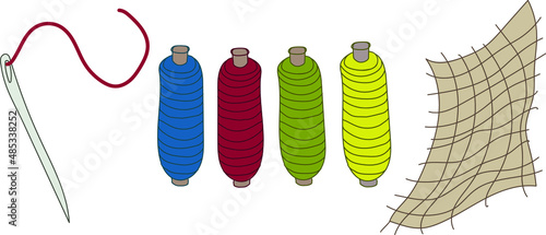 set of isolated vector items. needle, threads and canvas