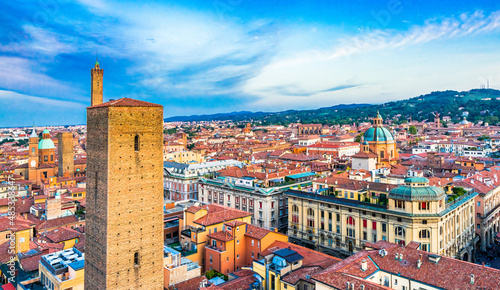 Fototapeta Naklejka Na Ścianę i Meble -  Aerial view of Bologna Cathedral and towers above of the roofs of Old Town in medieval city Bologna