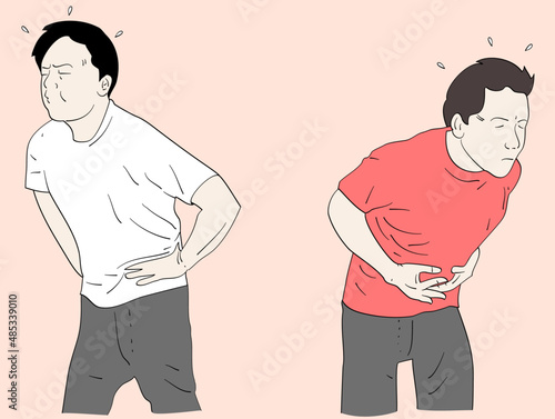 Unhealthy man suffer from stomach ache or gastritis. Unwell male touch belly struggle with abdominal pain. Hand drawn style vector design illustrations.