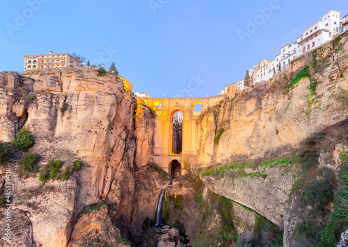 Panoramic view of the old city of Ronda, one of the famous white villages, at sunset in the province of Malaga, Andalusia, Spain