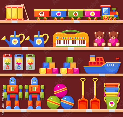 Kids toys on shelves in shop. Store showcase with bears, balls, train, blocks and rattles for babies. Cute toys for child game in nursery room. Robots, drum, piano, watering cans, shovels and buckets photo