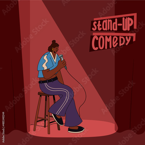 Stand-up comedic woman. Comedy artist. The performance of a female comedian