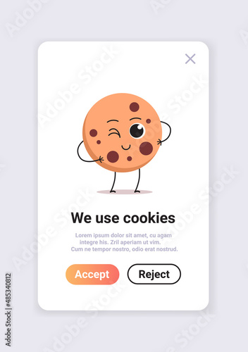protection of personal information cookie mascot character with internet web pop up we use cookies policy notification