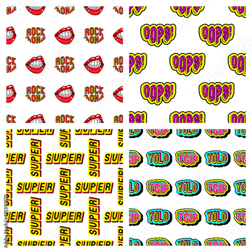 Set of 4 seamless patterns with word patches: "Rock", "Super", "Oops", etc. Fun cute vector wallpapers. Various pins, stickers colorful backgrounds. Quirky cartoon comic style designs. 