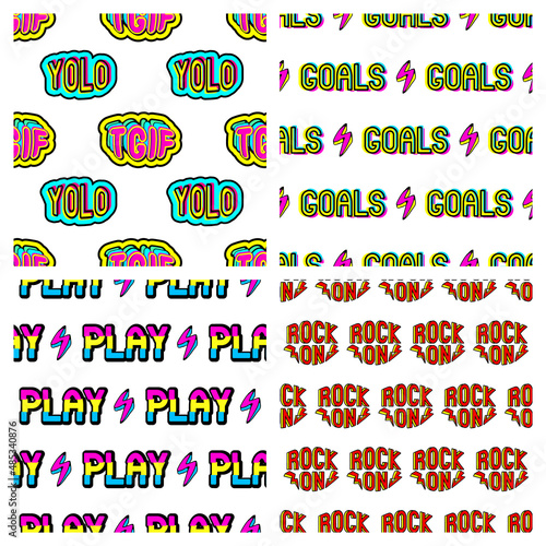 Set of 4 seamless patterns with word patches: "Goals", "Play", "Rock on", "TGIF, YOLO". Fun vector wallpapers. Quirky cartoon comic style designs. Pins, stamps, stickers colorful backgrounds.