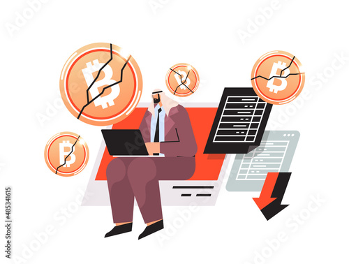 businessman analyzing crashed coins on laptop cryptocurrency crash bitcoin price collapse crypto loss investment risk crisis