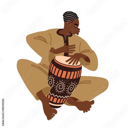 A young street musician plays a rhythmic melody on a conga drum decorated with an African pattern. Color vector illustration isolated on a white background in a cartoon and flat design.