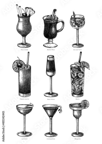 Hand-sketched cocktail illustrations set. Vector sketch of alcoholic drinks in elegant glasses. Popular alcohol cocktails vintage hand-drawing. Perfect for bar or restaurant menu isolated on white