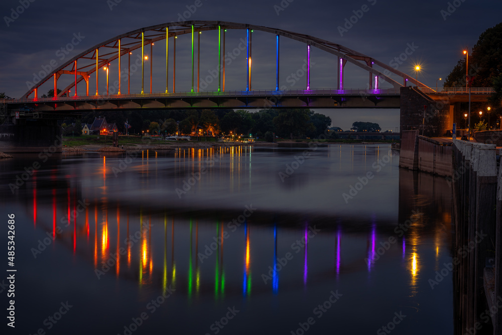 Bridge in Deventer lit with the colors for the LGBT community