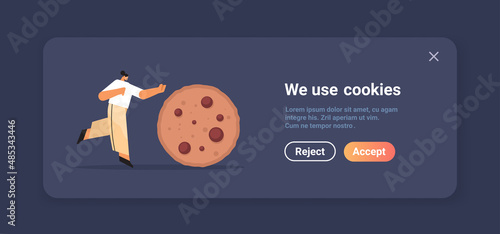 woman rolling cookie protection of personal information internet web pop up we use cookies policy notification