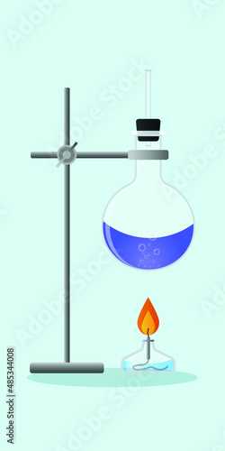 Laboratory round flask with a reagent on a tripod. Chemical reaction. Burner heating. Scientific research. Vector illustration