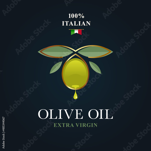 Abstract olive with a drop of oil and leaves, dark background. The concept of an emblem or label for the production of canned and virgin oils. Italian production