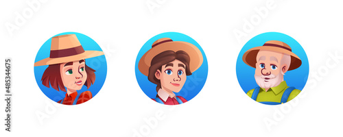 Woman and man avatar farmer in straw hat on blue background. Face portrait of gardener people. Agronomist person on farm or garden cartoon vector illustration. Countryside harvest concept.