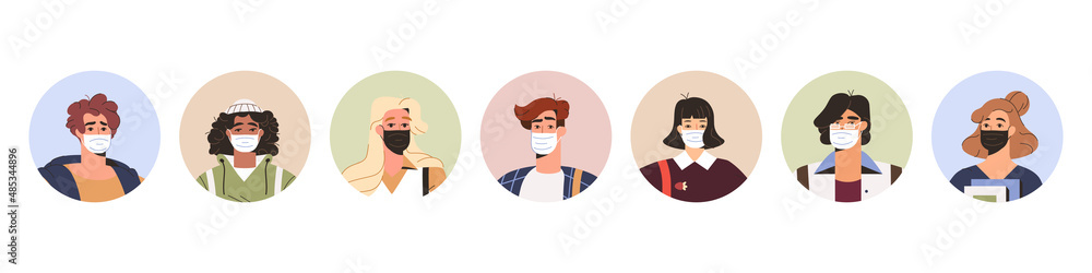 Flat avatar people in medical masks to prevent disease or prevention from pollution or infection spread. Character faces of different ethnicity wearing personal protection. Health safety concept. Flat avatar people in medical masks to prevent disease or prevention from pollution or infection spread. Character faces of different ethnicity wearing personal protection. Health safety concept.