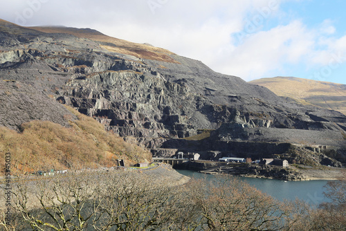 A view of Lake Peris and the slate works in the Llanberis Valley, Gwynedd, Wales, UK.