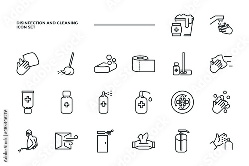 simple set of Disinfection and Cleaning vector icons with editable line styles covering Hand washing, wipes, Sanitizer and other. isolated on white background. 