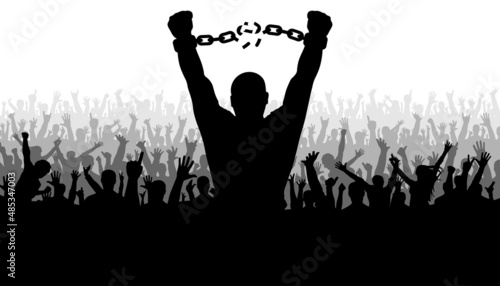 Silhouette of man breaks chain of handcuffs on background of cheerful crowd people. Concept of freedom. Vector illustration.