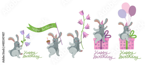 Сute bunny with balloons, flowers, gift box and birthday banner.