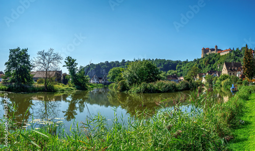 Green Summer Landscape along the Donau Ries Harburg City Valley with blue sky background