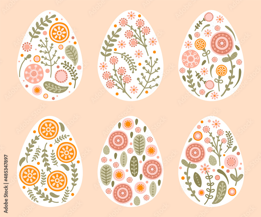 Set cute Easter eggs with floral in pastel colors. Illustration colorful Easter eggs in flat style. Vector