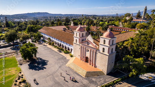 Old Spanish Mission architecture. Beautiful outdoor scene. Historic site, cultural heritage. 