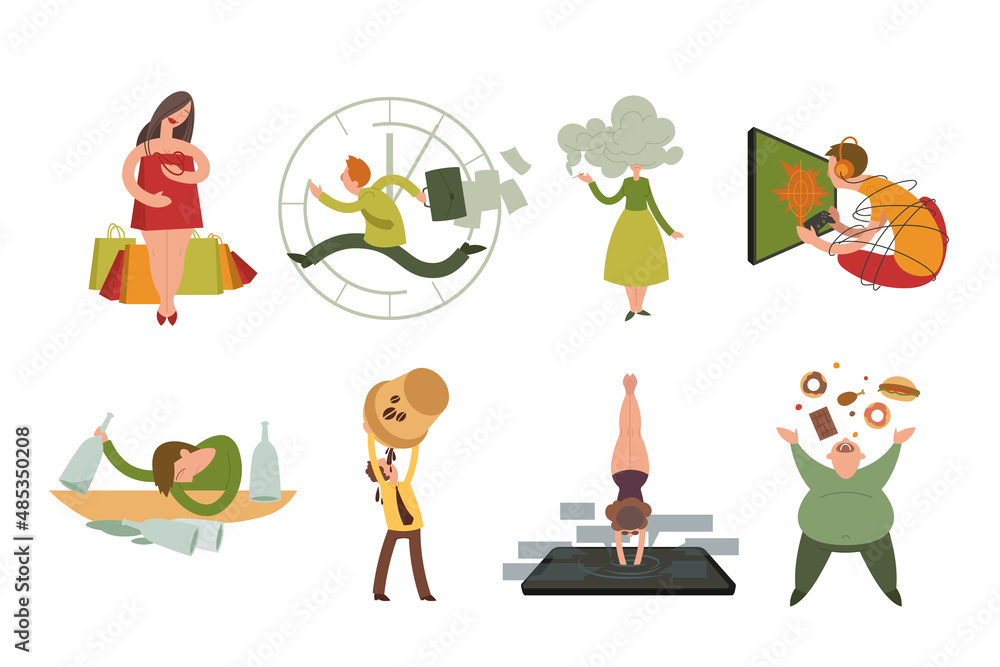Men and women with addictions flat vector illustrations set. Cartoon people with compulsions, guy addicted to computer games or internet, persons with love for coffee and food. Addiction concept