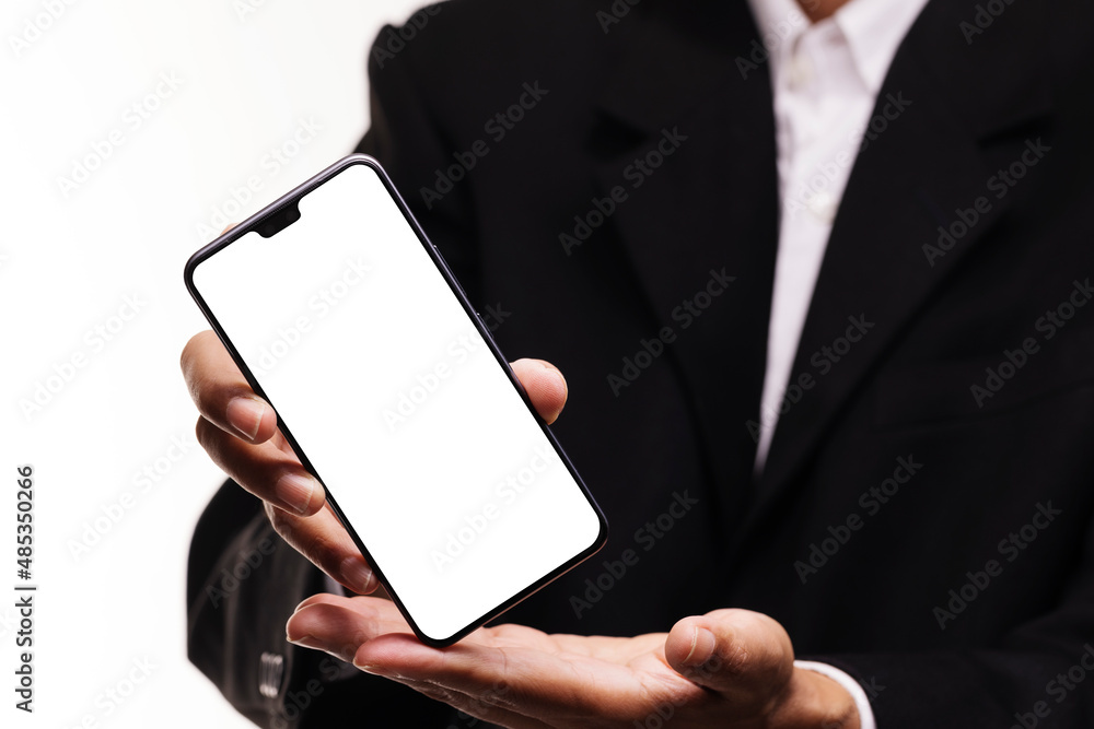 Businessman show display of smartphone with blank screen. Businessman show display of smartphone with blank screen.