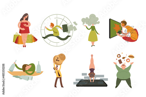 Men and women with addictions flat vector illustrations set. Cartoon people with compulsions, guy addicted to computer games or internet, persons with love for coffee and food. Addiction concept © Bro Vector