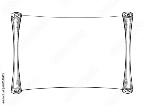Horizontal scroll paper, ancient scroll shape with copyspace, vector line drawing, engraving. Hand drawn illustration for vintage design, banner with place for text.