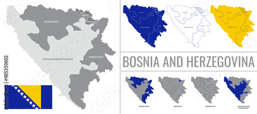 Detailed vector map of regions of Bosnia and Herzegovina with flag