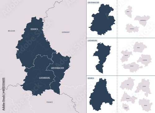 Vector color detailed map of luxembourg with the administrative divisions of the country, each district is presented separately and divided into Cantons