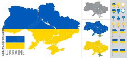 Ukraine vector map with flag, globe and icons on white background photo