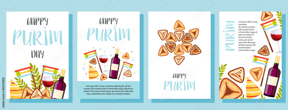 Happy Purim day greeting cards set. Vector illustration