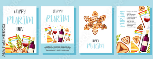 Happy Purim day greeting cards set. Vector illustration